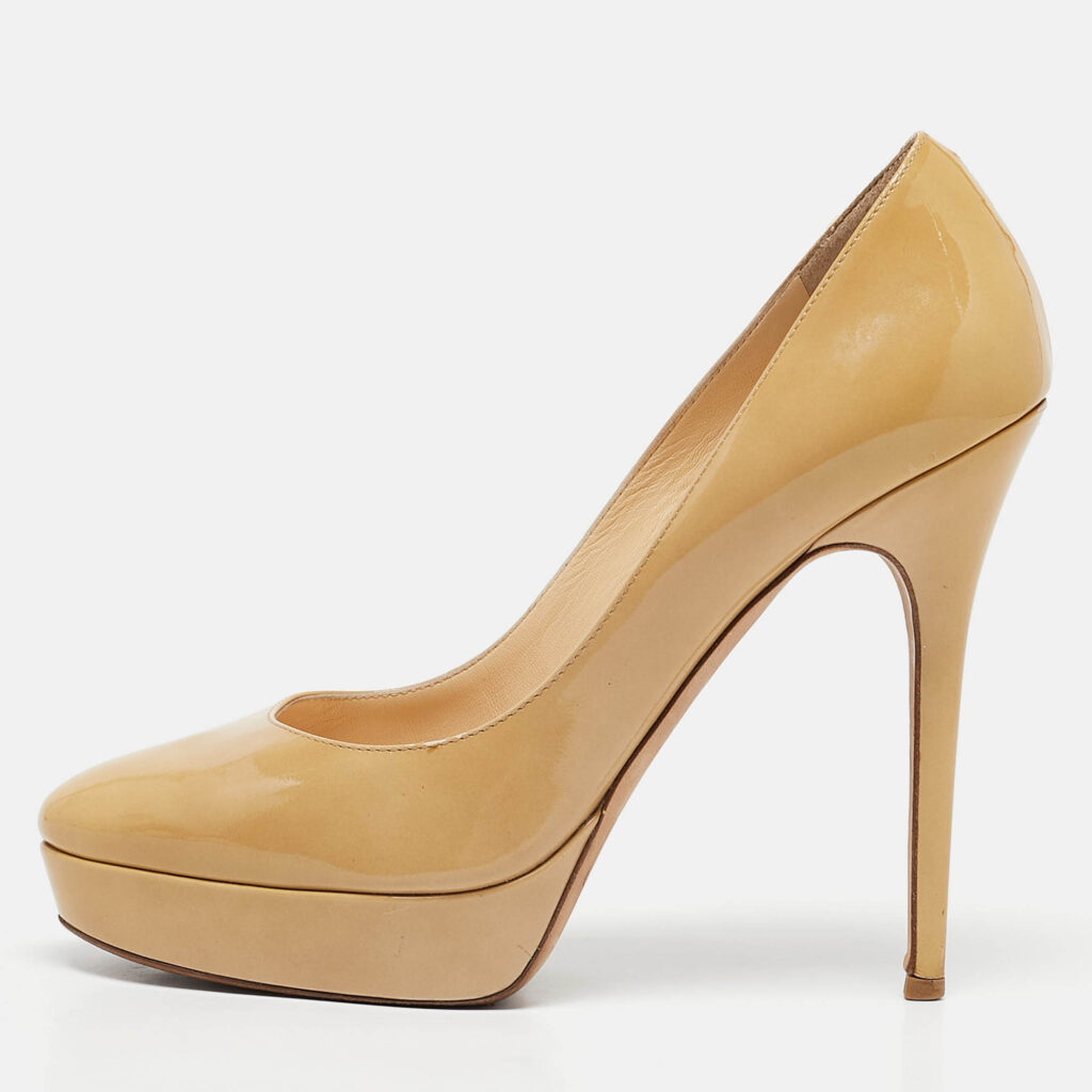 Jimmy Choo Beige Patent Leather Cosmic Platform Pumps Size 40