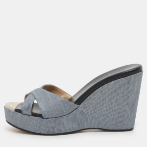 Jimmy Choo Blue Denim Prima Wedge Sandals Size 37.5