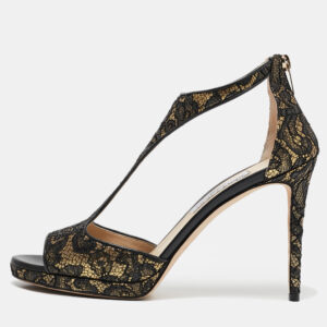 Jimmy Choo Black/Gold Lace and Lurex Fabric Lana Sandals Size 41