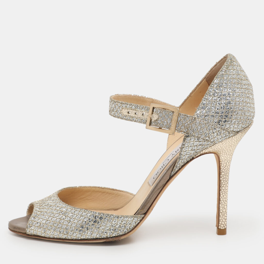 luxury-women-jimmy-choo-used-shoes-p1120646-001 Jimmy Choo Silver Glitter and Lame Fabric Ankle Strap Sandals Size 38