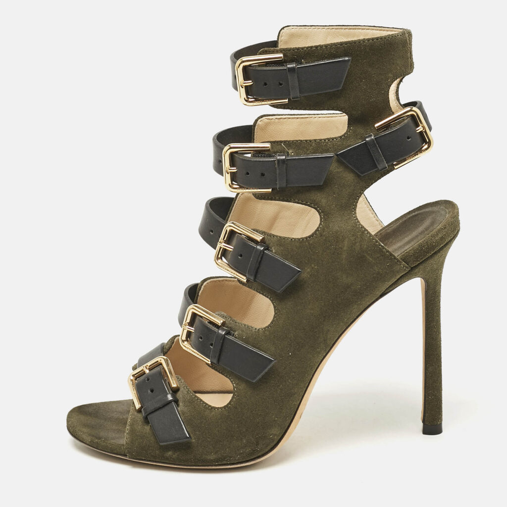 luxury-women-jimmy-choo-used-shoes-p1121182-010 Jimmy Choo Green/Black Suede and Leather Buckle Strappy Sandals Size 36.5
