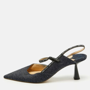 Jimmy Choo Navy Blue Denim Pointed Toe Ray&nbsp;Logo Slingback Pumps Size 40