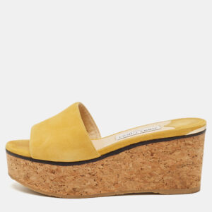 Jimmy Choo Yellow Suede Cork Wedge Platform Slide Sandals Size 37.5
