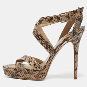 Jimmy Choo Beige/Black Elaphe Leather Vamp Sandals Size 39.5
