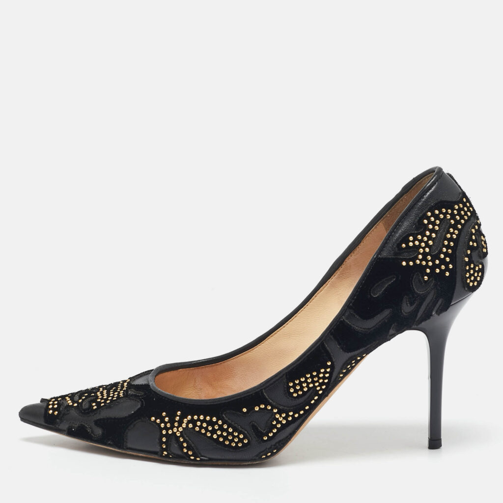 Jimmy Choo Black Leather and Velvet Abel Kid Pointed Toe Pumps Size 36.5