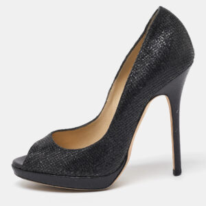 Jimmy Choo Black Glitter Fabric Luna Peep Toe Platform Pumps Size 37