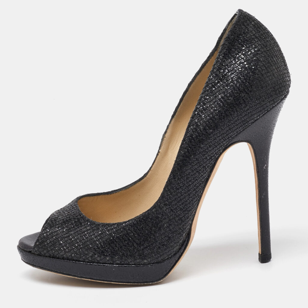 luxury-women-jimmy-choo-used-shoes-p1130717-003 Jimmy Choo Black Glitter Fabric Luna Peep Toe Platform Pumps Size 37