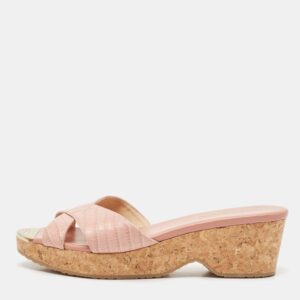 Jimmy Choo Pink Croc Embossed Leather Prima Cork Wedge Sandals Size 39