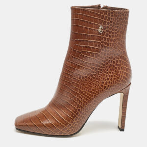 Jimmy Choo Burgundy Croc Embossed Leather Ankle Length Boots Size 40.5