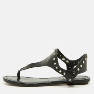 Jimmy Choo Black Leather Studded T-Strap Flat Sandals Size 37