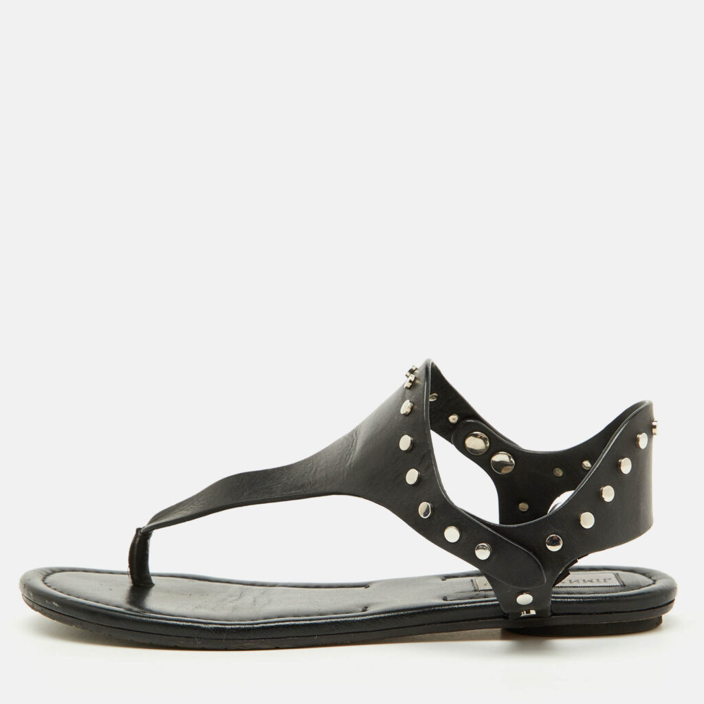 luxury-women-jimmy-choo-used-shoes-p1132720-010 Jimmy Choo Black Leather Studded T-Strap Flat Sandals Size 37