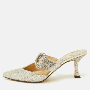 Jimmy Choo Silver Coarse Glitter Crystal Embellished Marta Mules Size 36