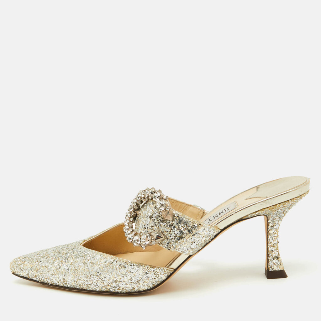 Jimmy Choo Silver Coarse Glitter Crystal Embellished Marta Mules Size 36