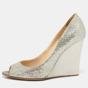 Jimmy Choo Gold Glitter Fabric Baxen Peep Toe Wedges Pumps Size 36.5