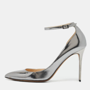 jimmy choo silver leather lucy ankle strap pointed toe d'orsay pumps size 38.5