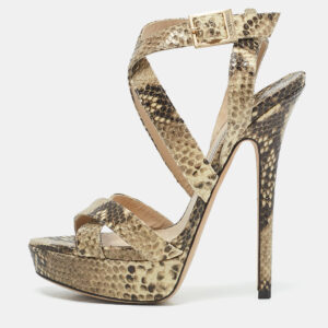 Jimmy Choo Beige/Black Python Embossed Leather Ankle Strap Sandals Size 38.5