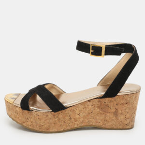 Jimmy Choo Black Suede Cork Wedge Ankle Strap Sandals Size 40