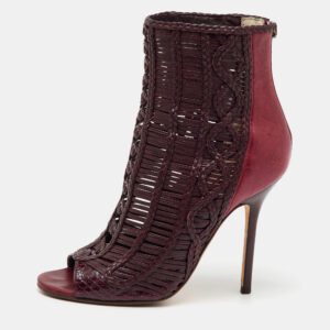 Jimmy Choo Burgundy Braided Leather Java Peep Toe Ankle Boots Size 37.5