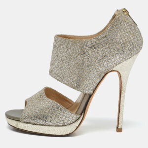 Jimmy Choo Metallic Silver Glitter Private Platform Sandals Size 37