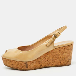Jimmy Choo Beige Patent Leather Prova Cork Platform Wedge Pumps Size 41