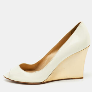 Jimmy Choo Off White Patent Leather Peep Toe Wedge Pumps Size 38.5