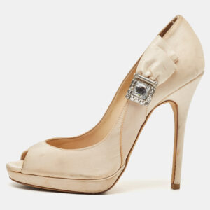 Jimmy Choo Beige Satin Crystal Embellished Platform Pumps Size 39