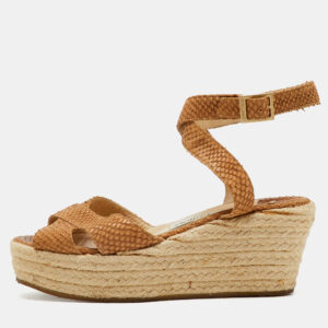 Jimmy Choo Brown Snakeskin Embossed Leather Platform Wedge Espadrille Sandals Size 36.5