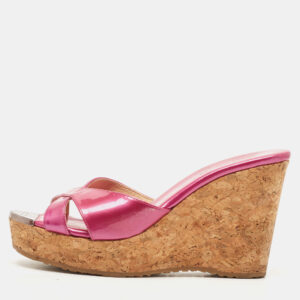 Jimmy Choo Purple Patent Leather Prima Cork Wedge Slides Size 35.5