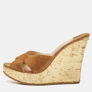 Jimmy Choo Brown Suede  Criss Cross Cork Wedge Slide Sandals Size 36.5