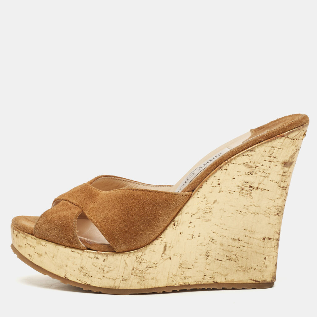 Jimmy Choo Brown Suede Criss Cross Cork Wedge Slide Sandals Size 36.5