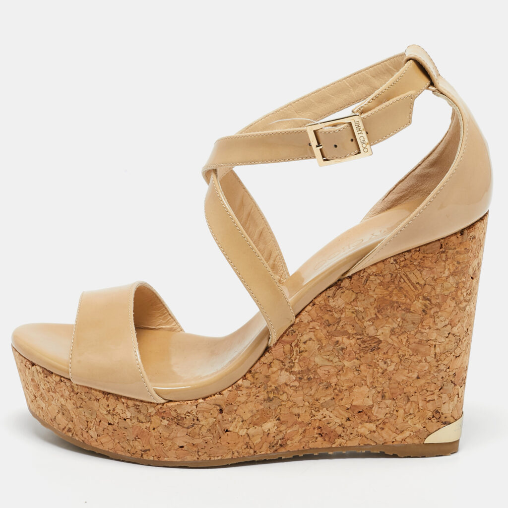 luxury-women-jimmy-choo-used-shoes-p1139841-001 Jimmy Choo Beige Patent Leather Portia Wedge Sandals Size 40.5