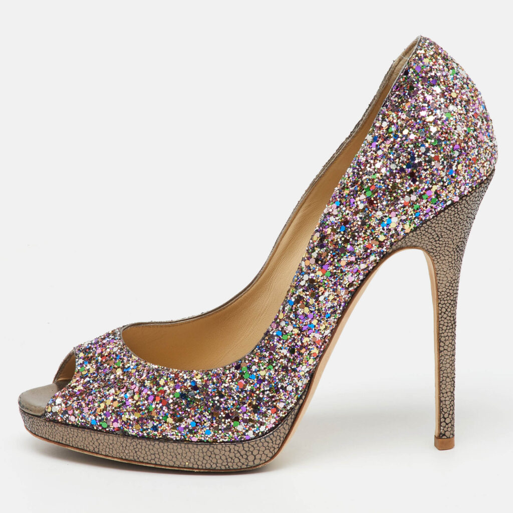 luxury-women-jimmy-choo-used-shoes-p1141441-010 Jimmy Choo Metallic Multicolor Coarse Glitter Crown Peep Toe Platform Pumps Size 40