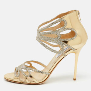 Jimmy Choo Metallic Gold Laminated Leather and Glitter Strappy Sandals Size 40