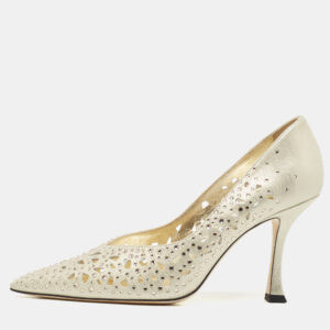 Jimmy Choo Gold Perforated Suede Ziri Pumps Size 38.5