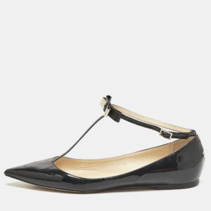 Jimmy Choo Black Patent Leather Bow Ankle Strap Ballet Flats Size 41