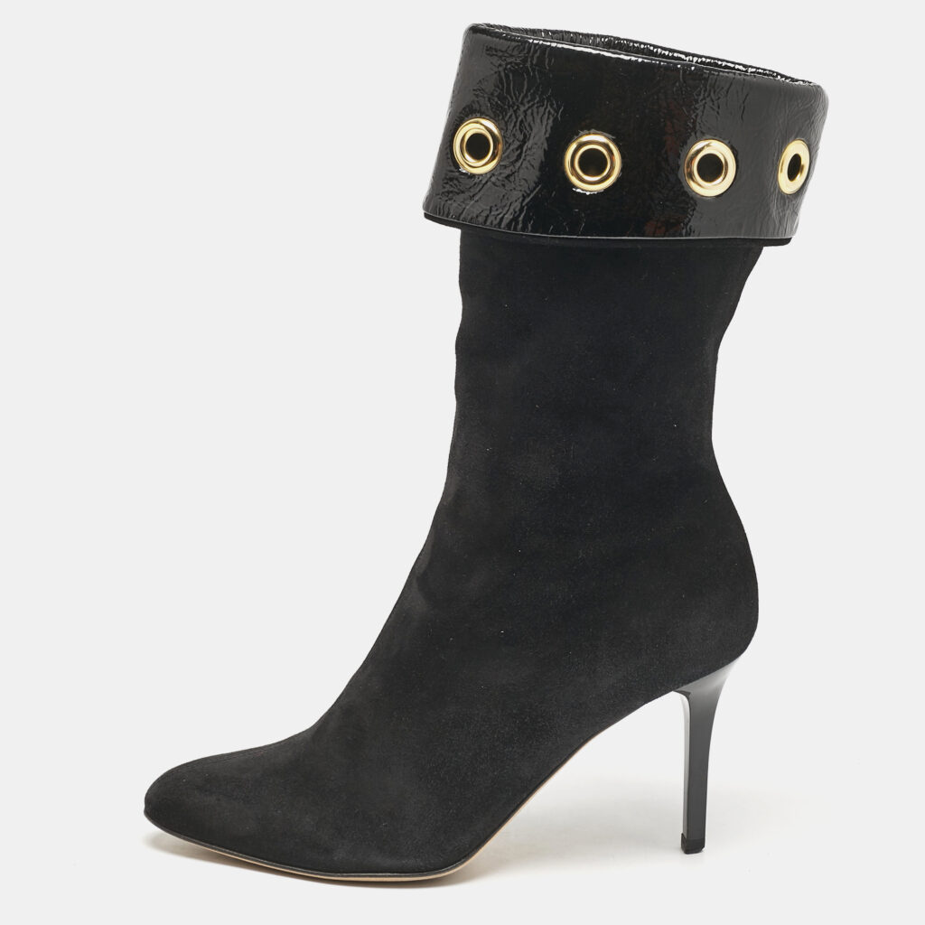 Jimmy Choo Black Patent Leather and Suede Eyelet Mid Calf Boots Size 36
