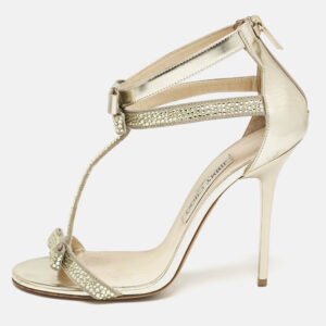 Jimmy Choo Gold Leather and Suede Crystal Embellished Escape T-Strap Sandals Size 38