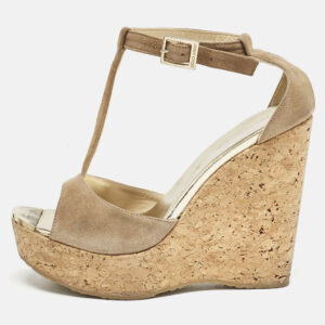 Jimmy Choo Beige Suede Pela Cork T-Strap Sandals Size 38
