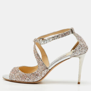 jimmy choo metallic silver coarse glitter emily open toe sandals size 40