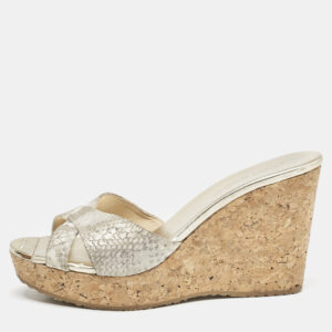 Jimmy Choo Grey Python Embossed Leather Prima Cork Wedge Platform Sandals Size 38