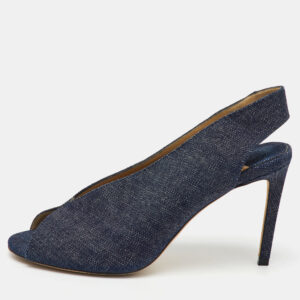 Jimmy Choo Navy Blue Denim Shar Peep Toe Slingback Pumps Size 39