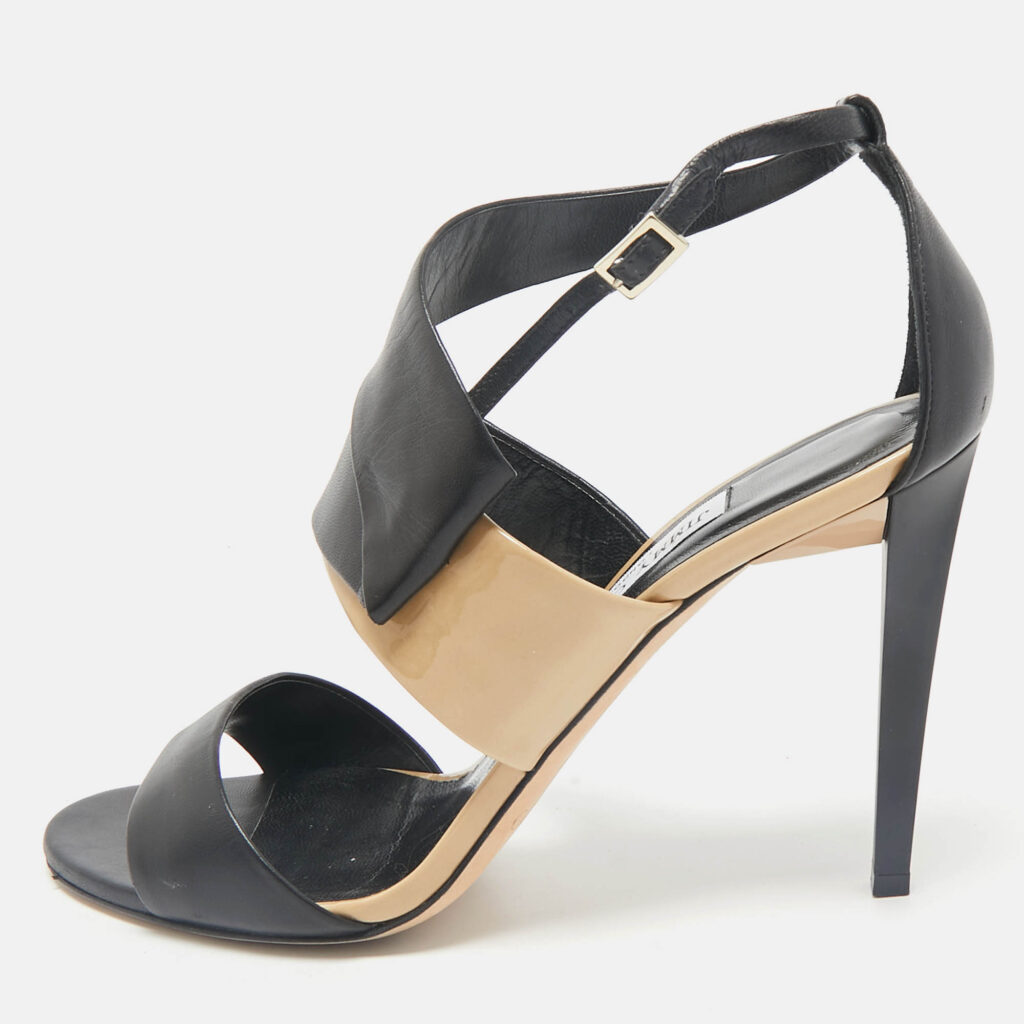 luxury-women-jimmy-choo-used-shoes-p1150979-011 Jimmy Choo Black/Beige Leather Trapeze Strappy Sandals Size 40