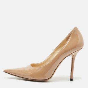 Jimmy Choo Beige Patent Leather Romy Pointed Toe Pumps Size 37.5