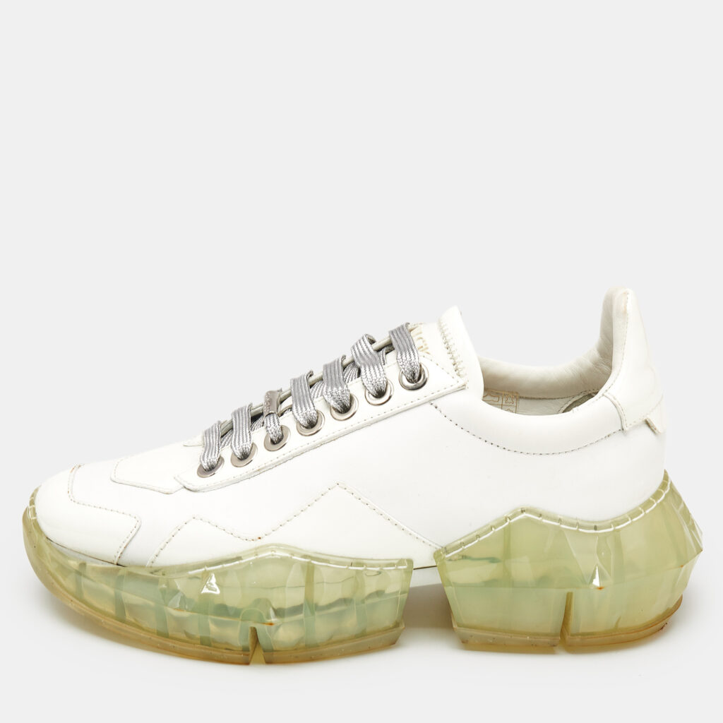 luxury-women-jimmy-choo-used-shoes-p1154074-004 Jimmy Choo White Leather Diamond Low Top Sneakers Size 37