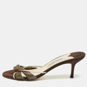 Jimmy Choo Brown/Gold Fabric and Leather Slide Sandals Size 38.5