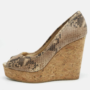 Jimmy Choo Beige Python Embossed Leather Papina Cork Wedge Pumps Size 39