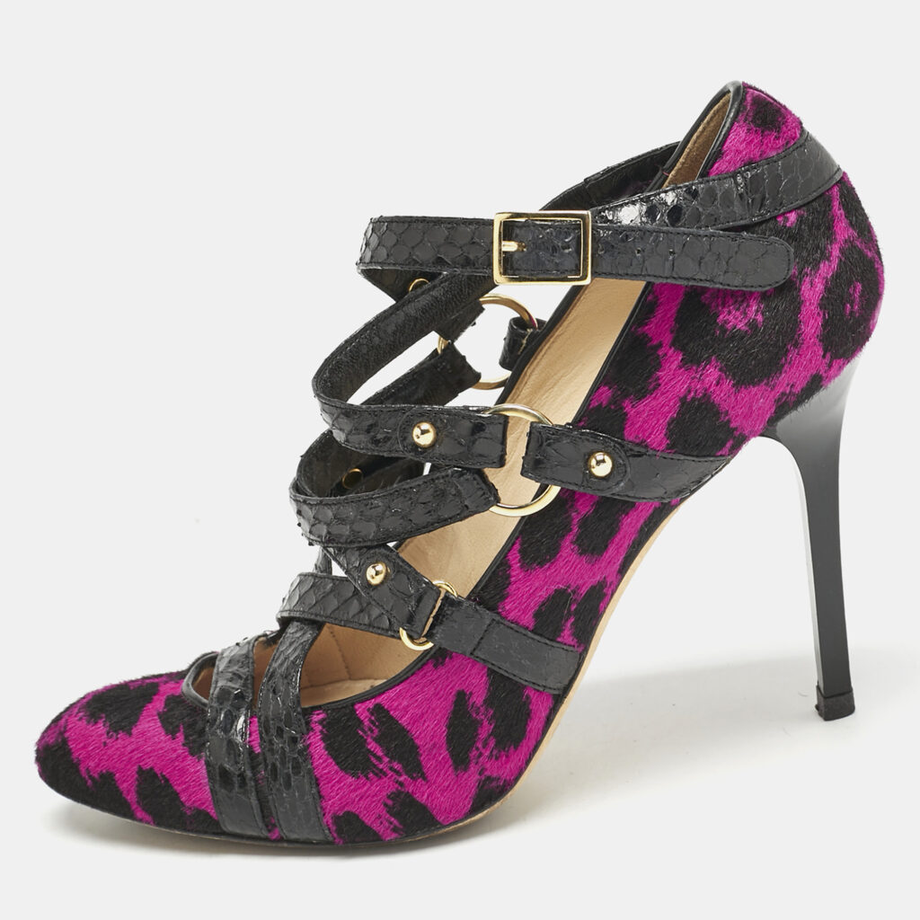 Jimmy Choo Black/Pink Animal Print Calf Hair and Snakeskin Jazz Strappy Pumps Size 37