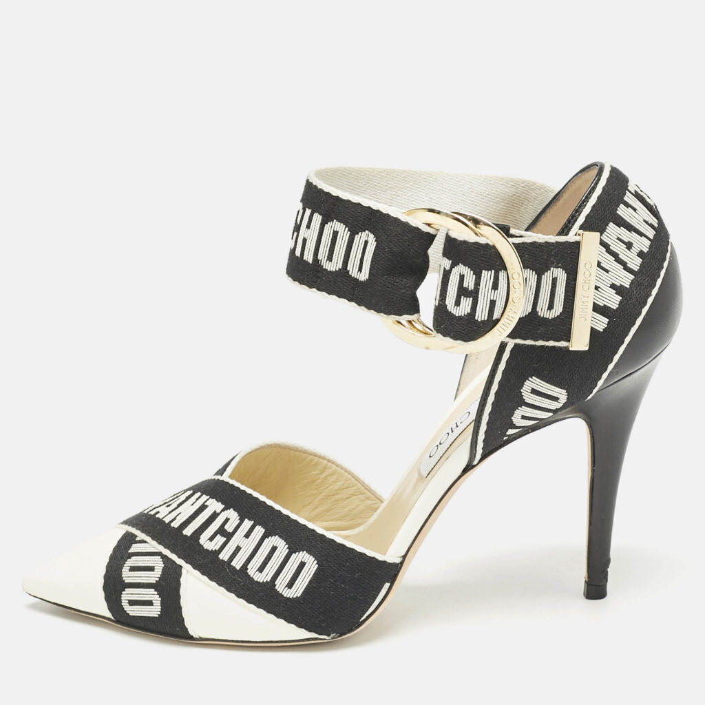 luxury-women-jimmy-choo-used-shoes-p1155637-010 Jimmy Choo White/Black Leather and Fabric Bea Ankle Strap Pumps Size 40