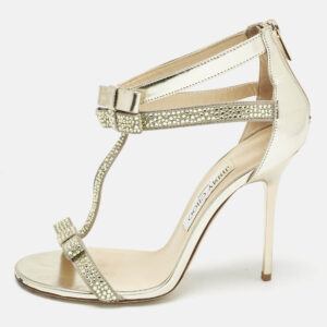 Jimmy Choo Grey Leather and Suede Escape Crystal T-Strap Sandals Size 37.5