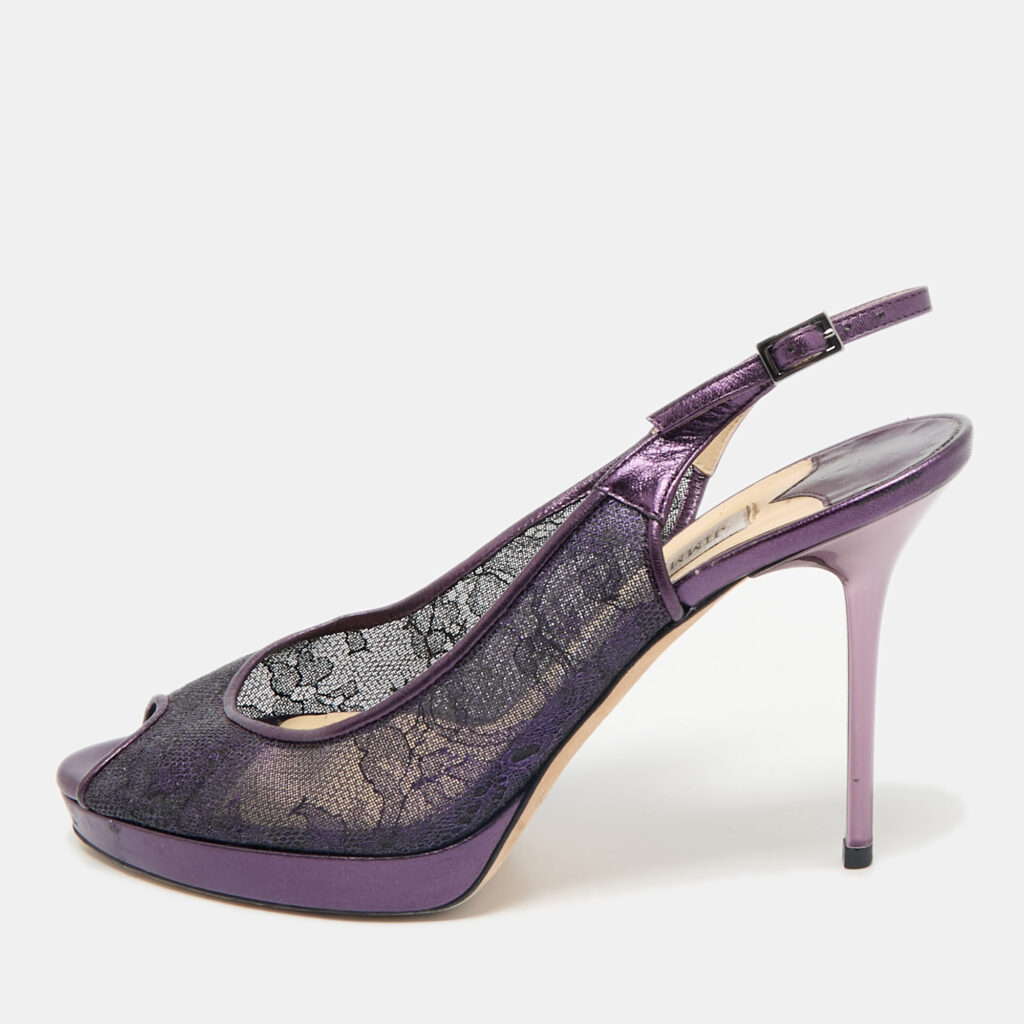 luxury-women-jimmy-choo-used-shoes-p1157457-001 Jimmy Choo Purple Mesh and Leather Peep Toe Platform Slingback Sandals Size 38.5